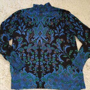 Chico’s Women’s  XL Mock Neck Long Sleeve Top Blue Green Floral Paisley